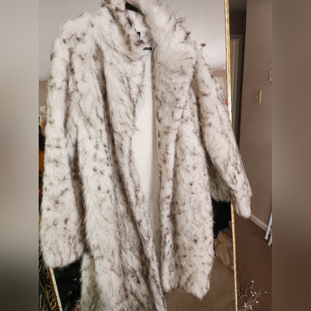 Faux Fur Coat in White and Gray
